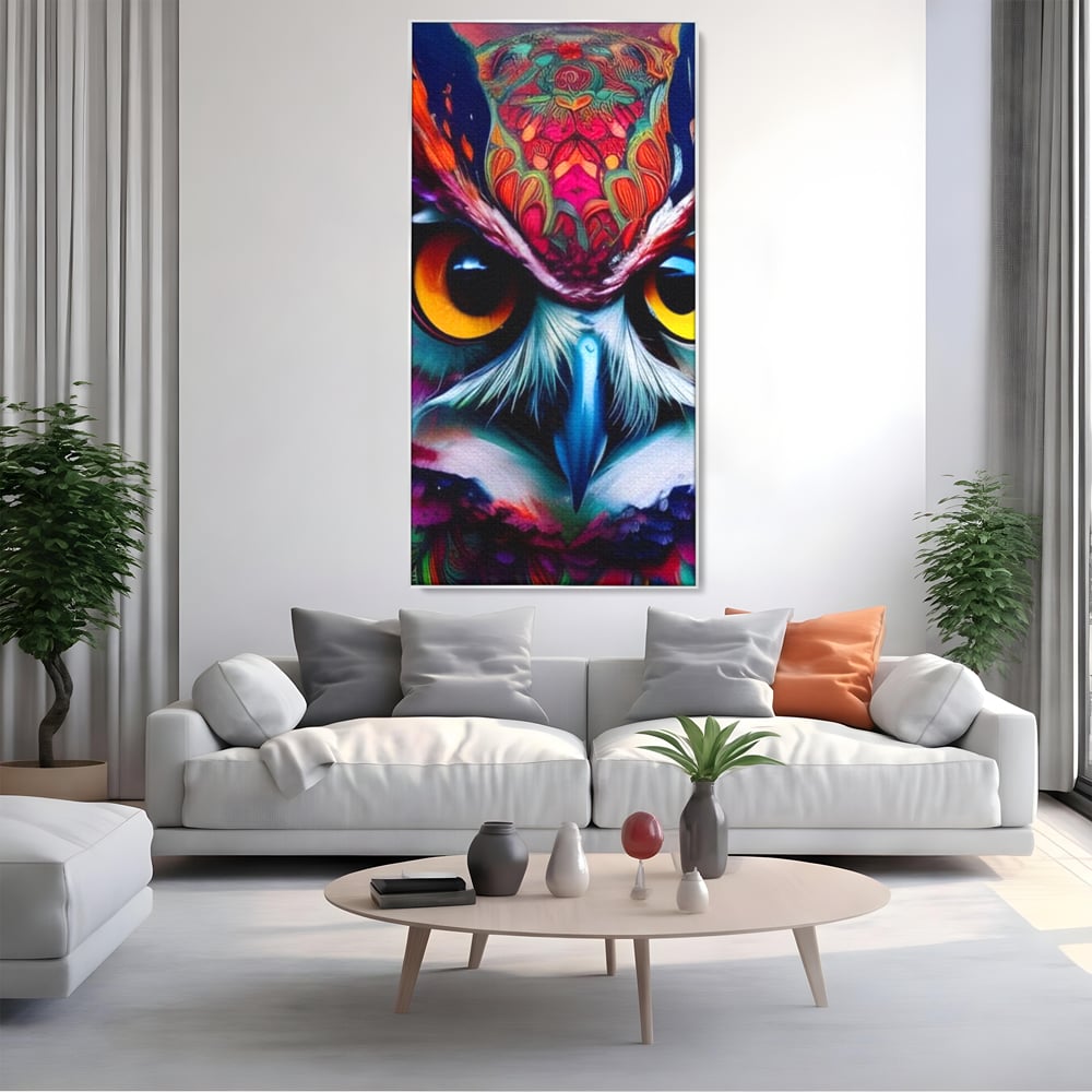Tablou canvas cu portret digital de bufnita colorata, in rama de aluminiu argintiu, pe perete intr-un living